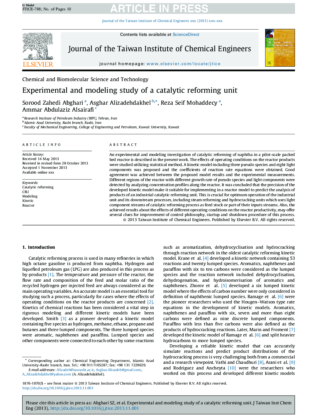 Experimental and modeling study of a catalytic reforming unit