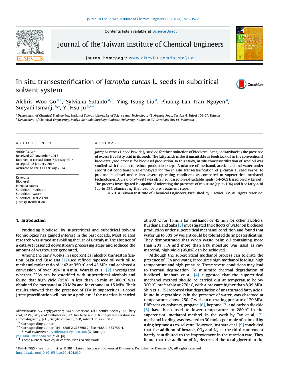 In situ transesterification of Jatropha curcas L. seeds in subcritical solvent system