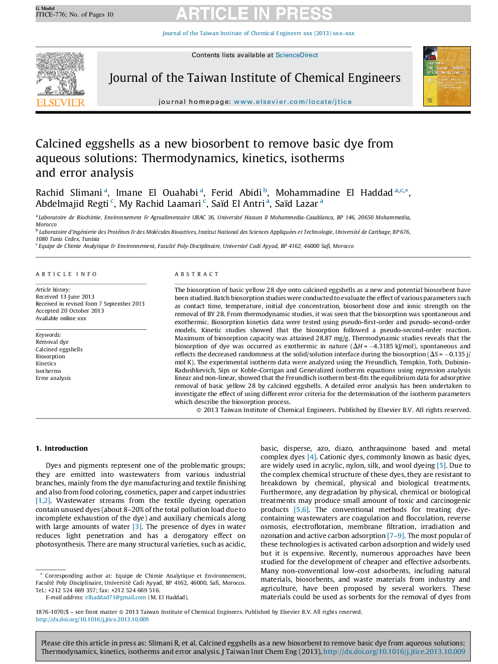 Calcined eggshells as a new biosorbent to remove basic dye from aqueous solutions: Thermodynamics, kinetics, isotherms and error analysis