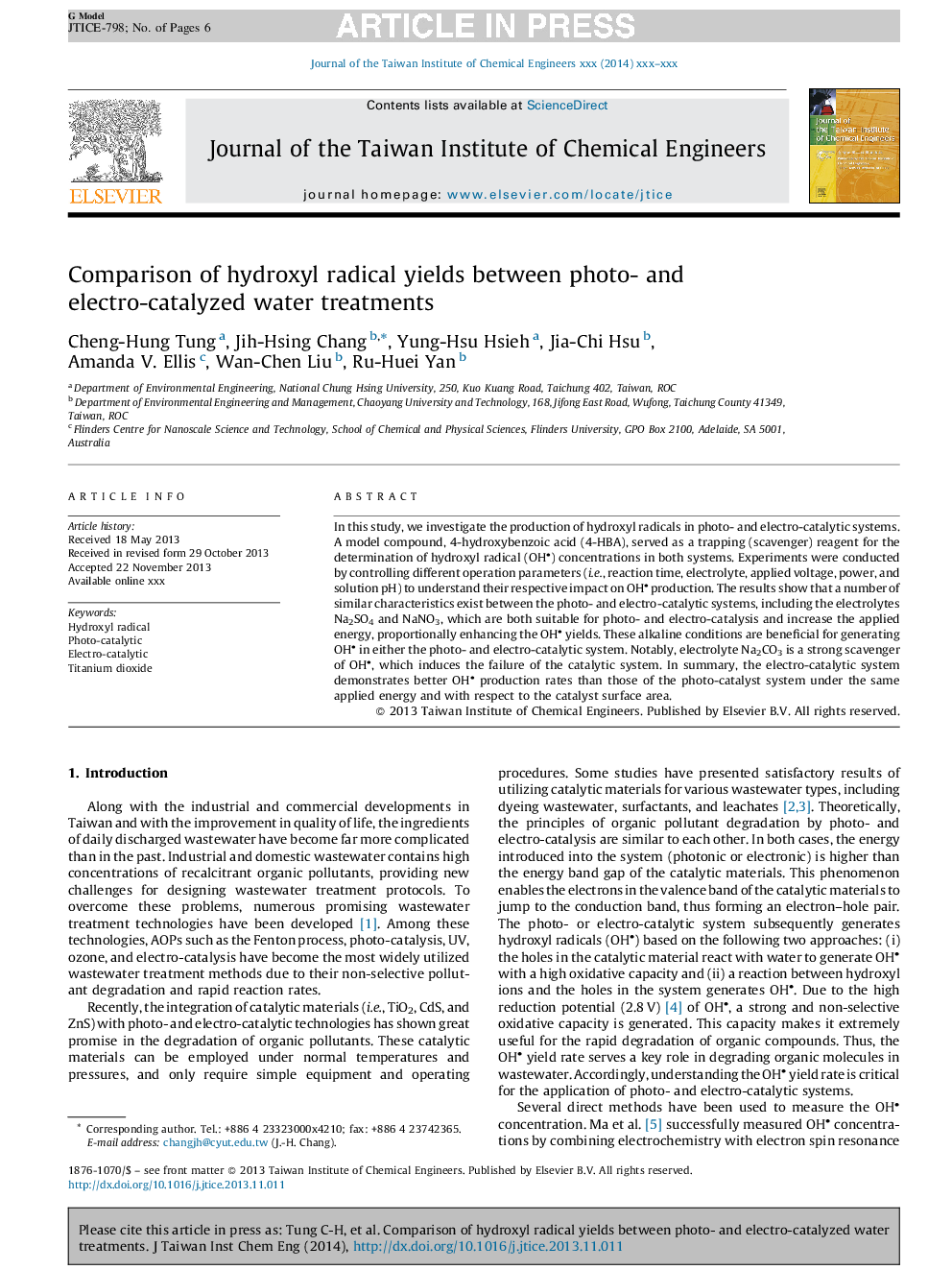 Comparison of hydroxyl radical yields between photo- and electro-catalyzed water treatments