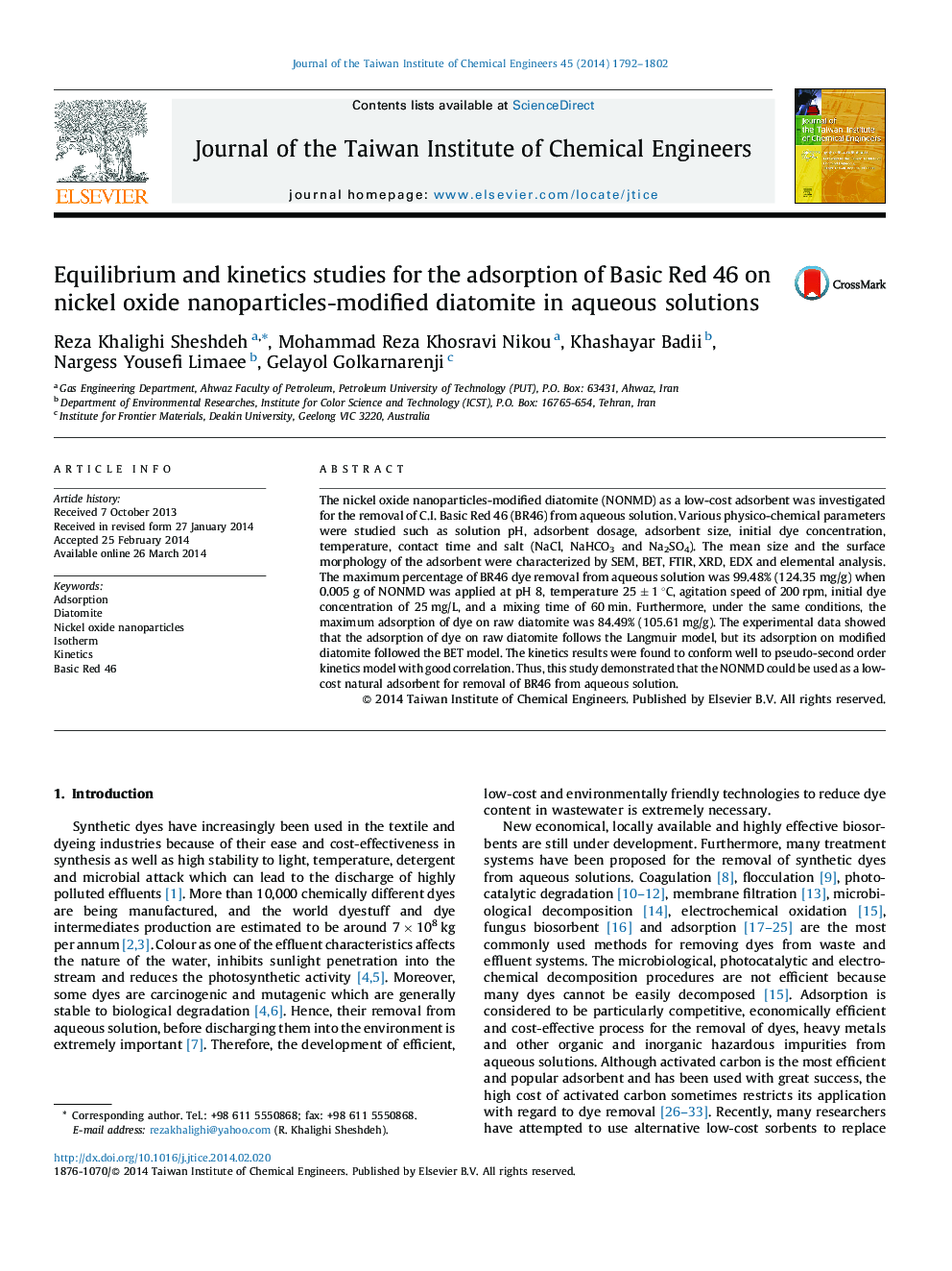 Equilibrium and kinetics studies for the adsorption of Basic Red 46 on nickel oxide nanoparticles-modified diatomite in aqueous solutions