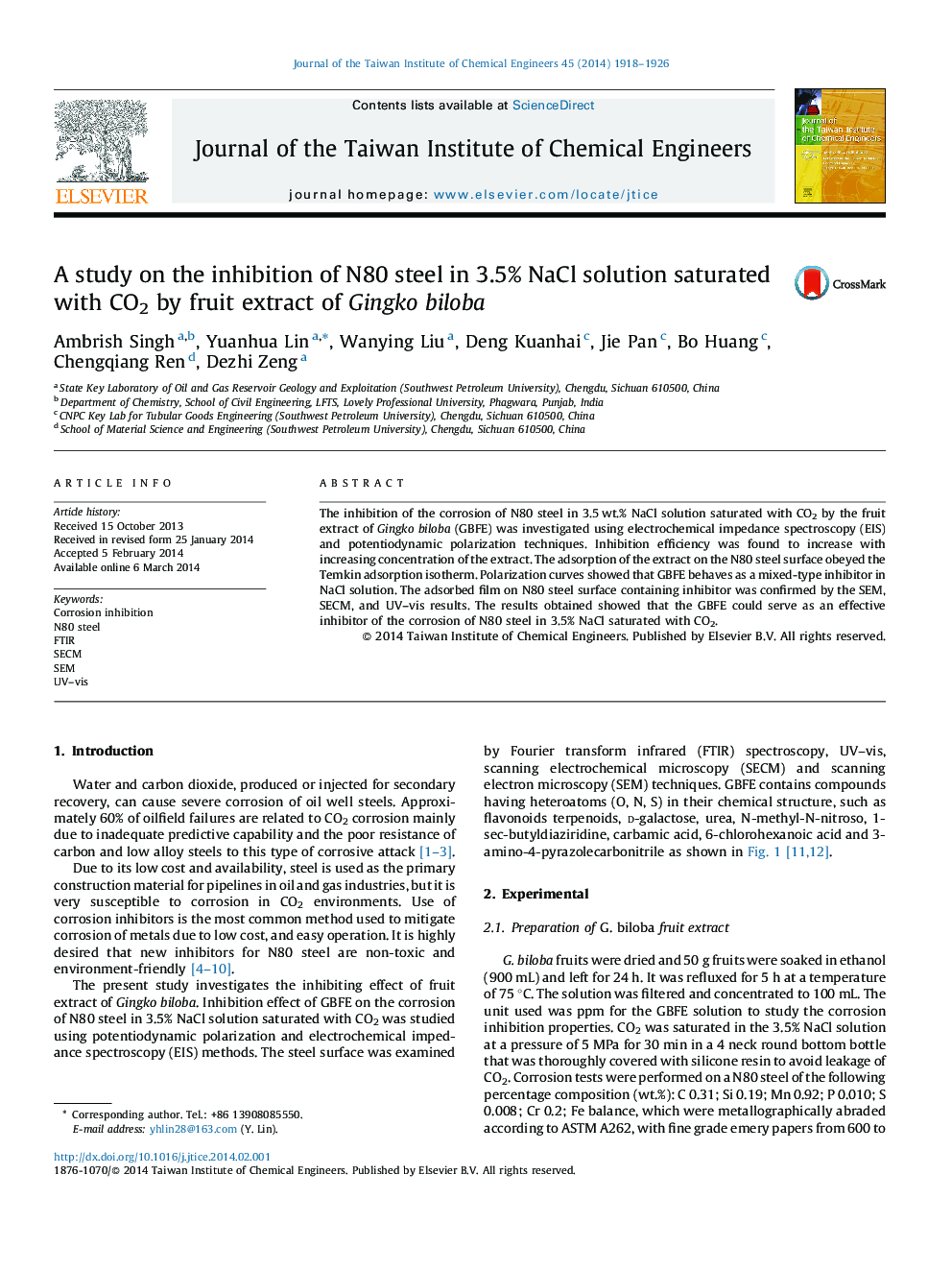 A study on the inhibition of N80 steel in 3.5% NaCl solution saturated with CO2 by fruit extract of Gingko biloba