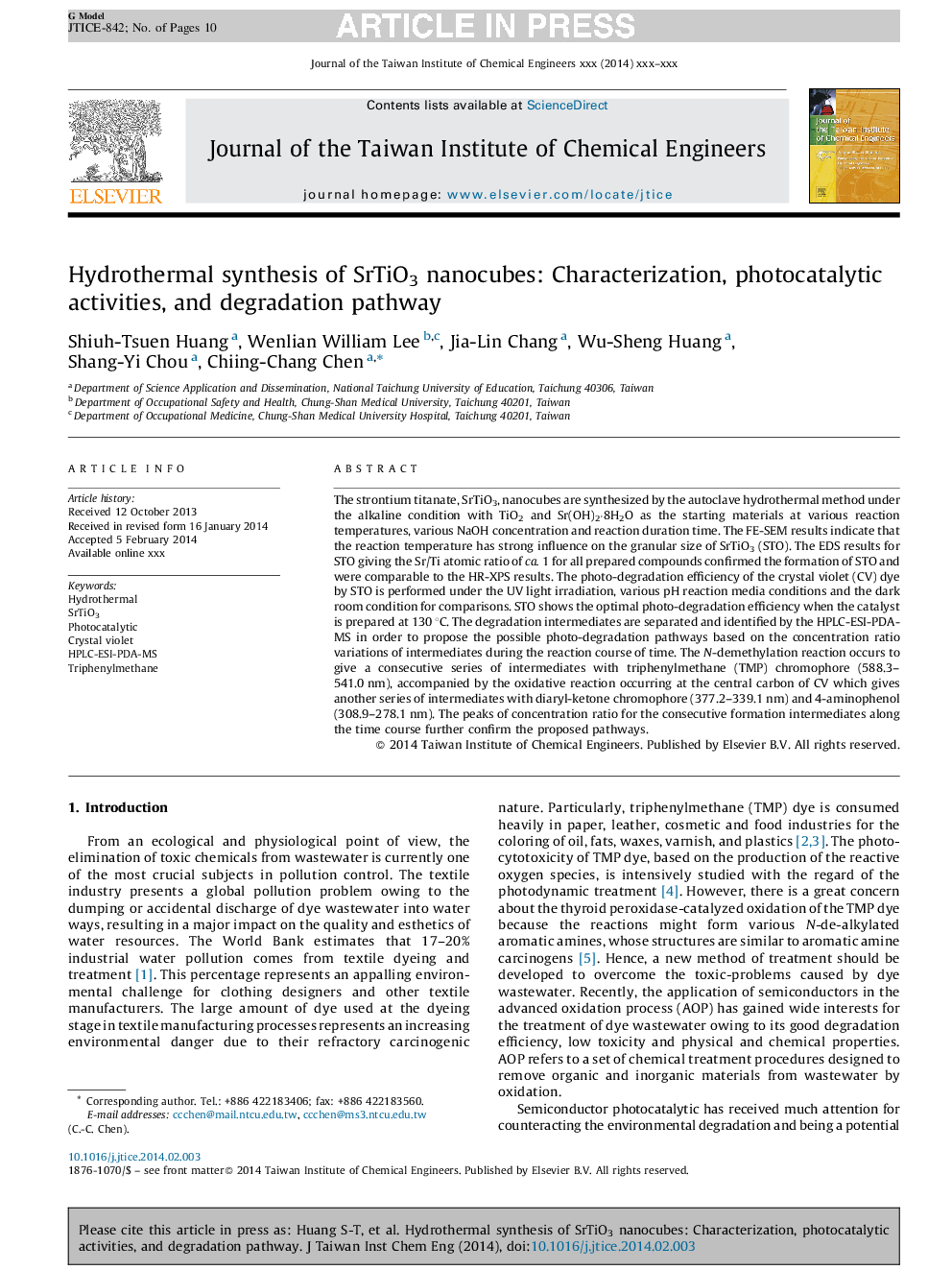 Hydrothermal synthesis of SrTiO3 nanocubes: Characterization, photocatalytic activities, and degradation pathway