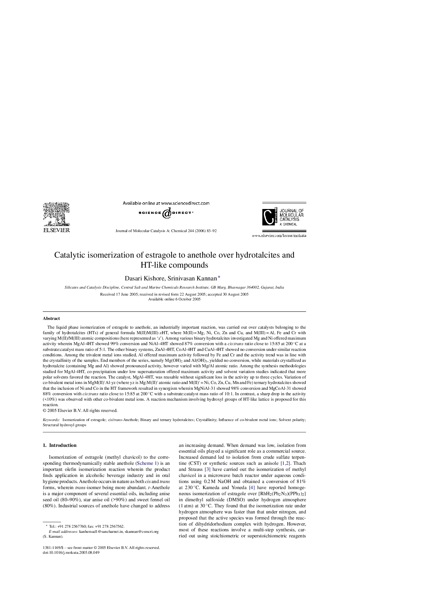 عکس صفحه اول مقاله: Catalytic isomerization of estragole to anethole over hydrotalcites and HT-like compounds Catalytic isomerization of estragole to anethole over hydrotalcites and HT-like compounds