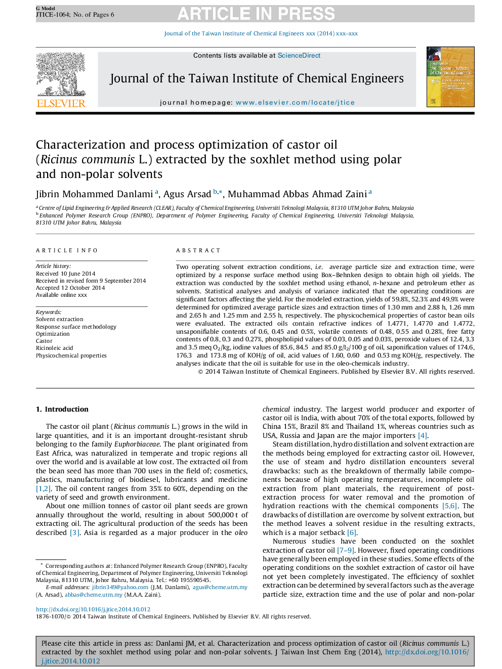 Characterization and process optimization of castor oil (Ricinus communis L.) extracted by the soxhlet method using polar and non-polar solvents