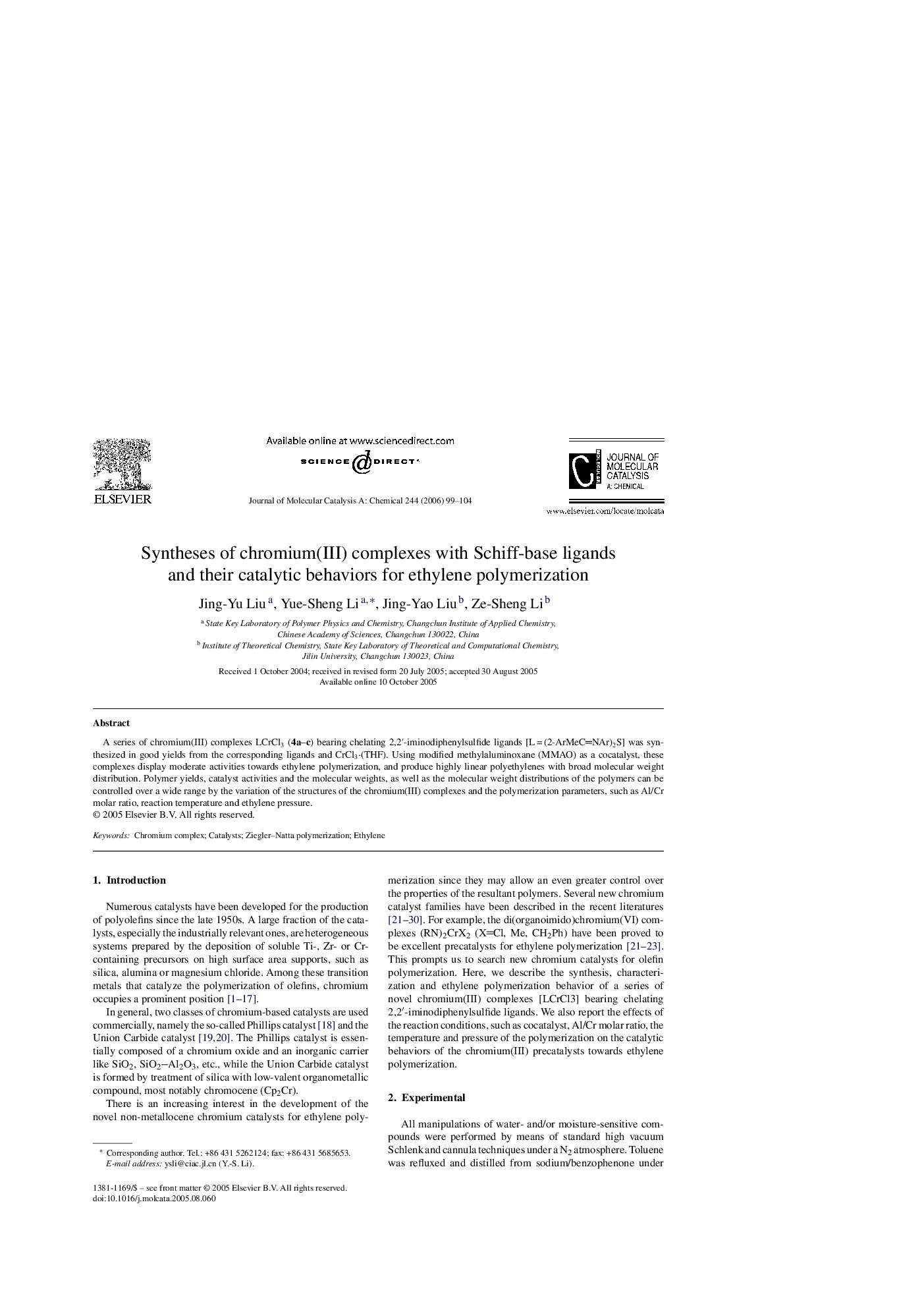 Syntheses of chromium(III) complexes with Schiff-base ligands and their catalytic behaviors for ethylene polymerization