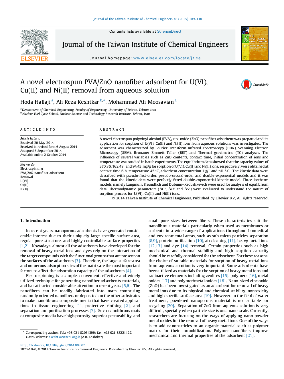 A novel electrospun PVA/ZnO nanofiber adsorbent for U(VI), Cu(II) and Ni(II) removal from aqueous solution