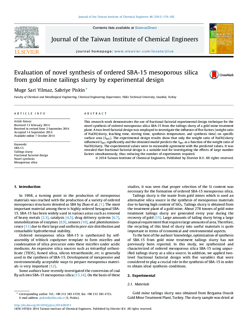 Evaluation of novel synthesis of ordered SBA-15 mesoporous silica from gold mine tailings slurry by experimental design