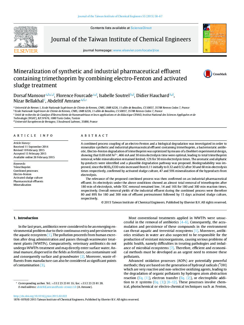 Mineralization of synthetic and industrial pharmaceutical effluent containing trimethoprim by combining electro-Fenton and activated sludge treatment