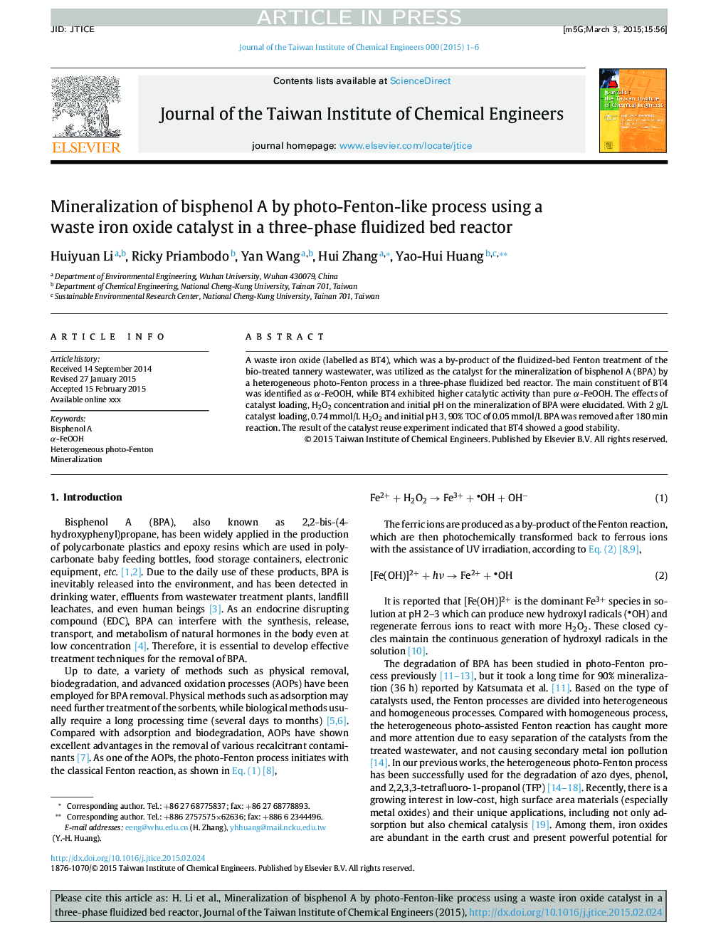 Mineralization of bisphenol A by photo-Fenton-like process using a waste iron oxide catalyst in a three-phase fluidized bed reactor