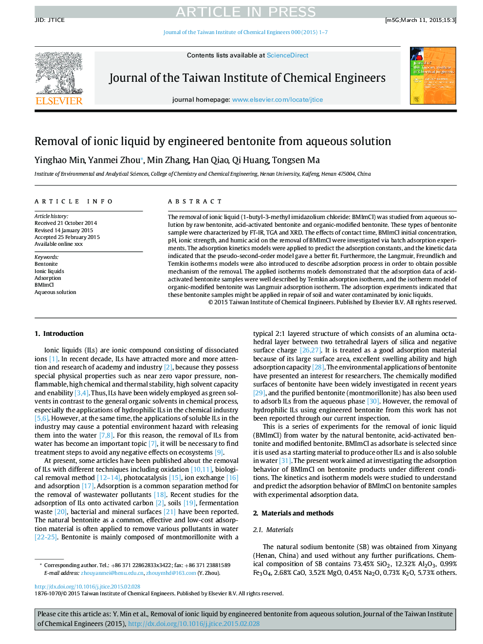 Removal of ionic liquid by engineered bentonite from aqueous solution