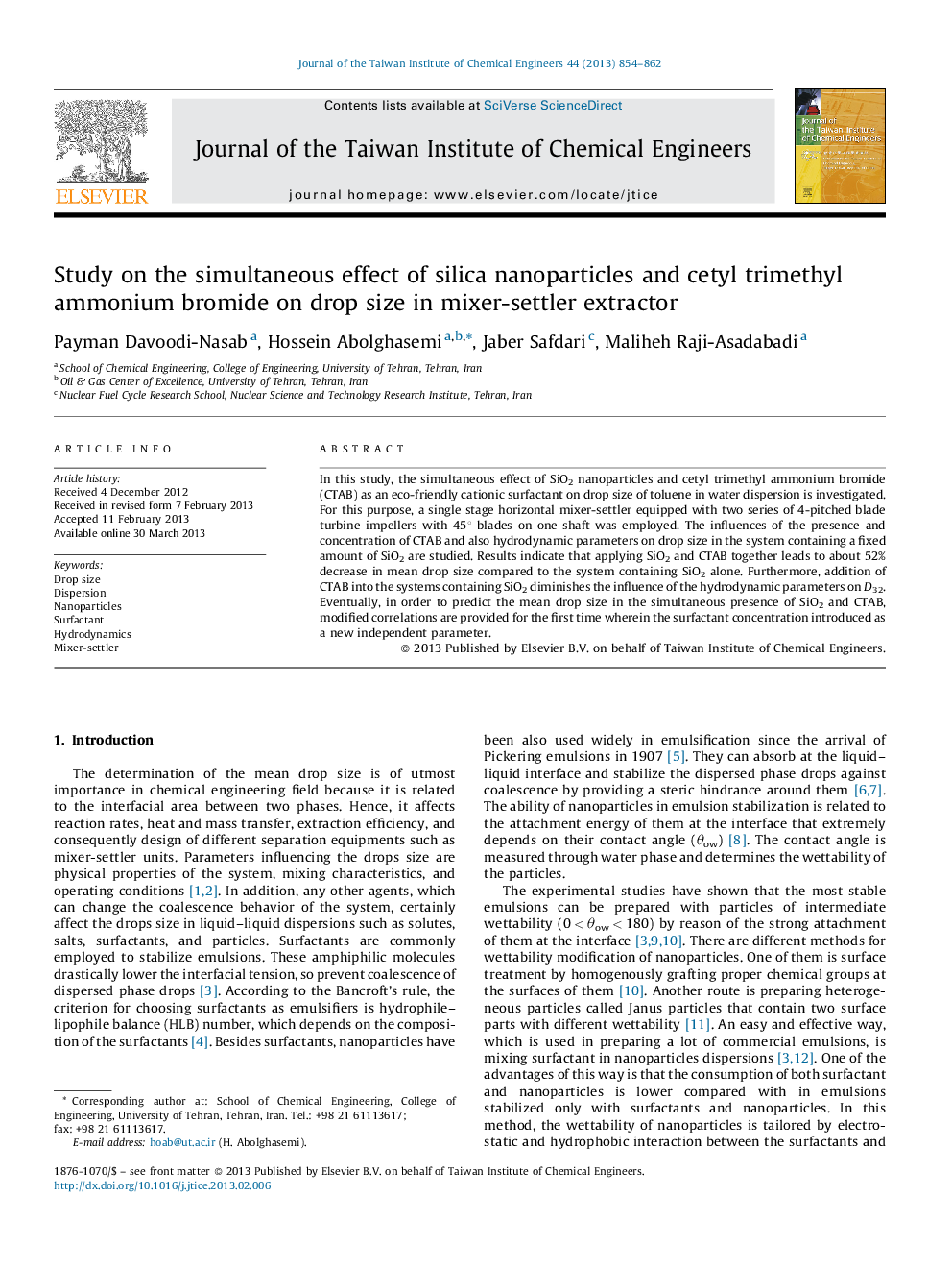 Study on the simultaneous effect of silica nanoparticles and cetyl trimethyl ammonium bromide on drop size in mixer-settler extractor