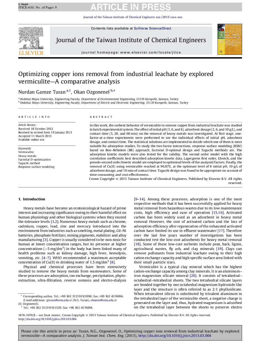 Optimizing copper ions removal from industrial leachate by explored vermiculite-A comparative analysis