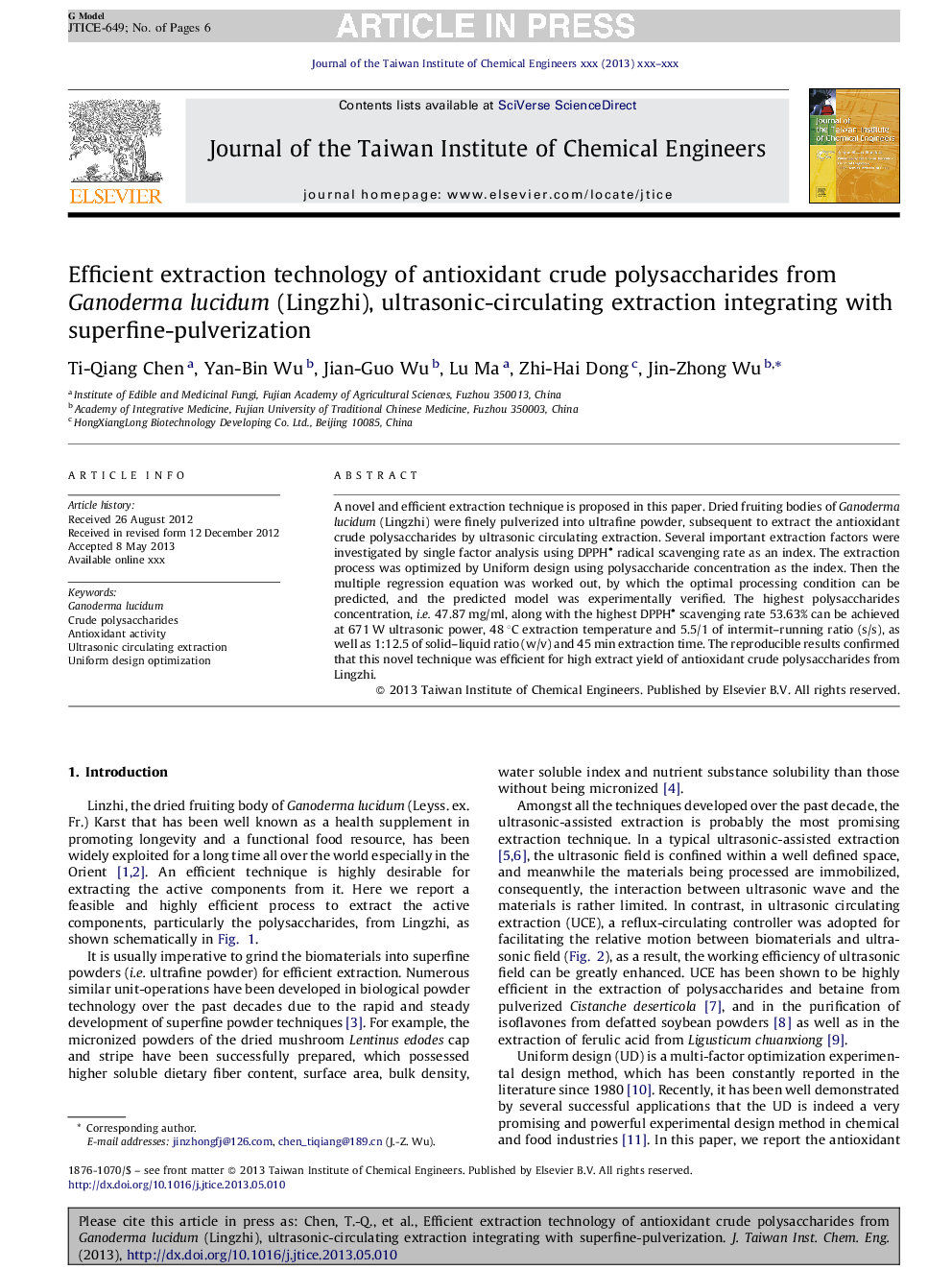 Efficient extraction technology of antioxidant crude polysaccharides from Ganoderma lucidum (Lingzhi), ultrasonic-circulating extraction integrating with superfine-pulverization