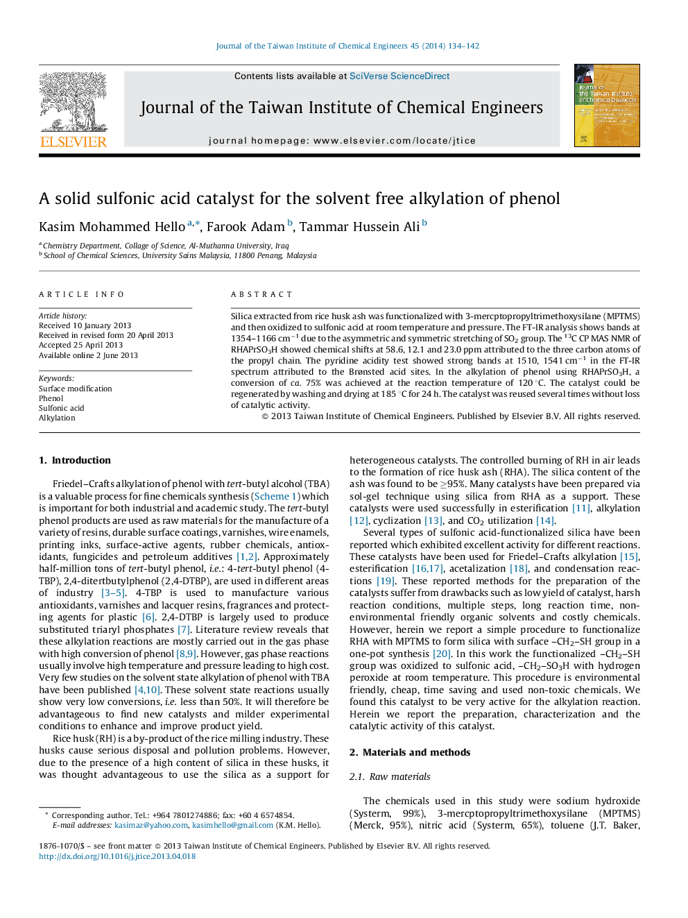 A solid sulfonic acid catalyst for the solvent free alkylation of phenol