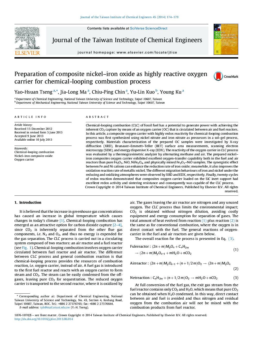 Preparation of composite nickel-iron oxide as highly reactive oxygen carrier for chemical-looping combustion process