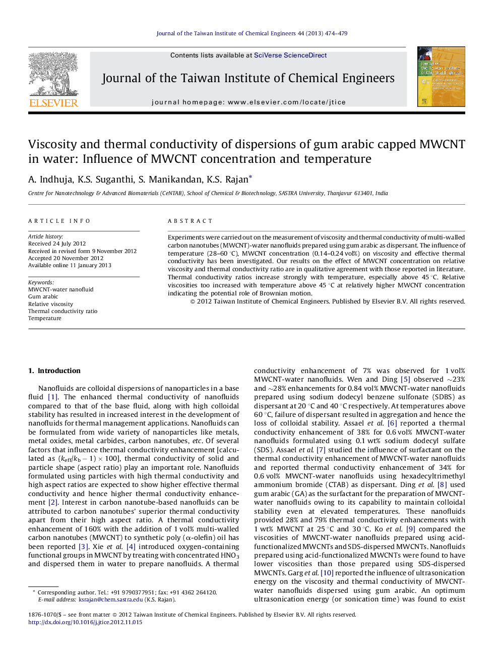 Viscosity and thermal conductivity of dispersions of gum arabic capped MWCNT in water: Influence of MWCNT concentration and temperature