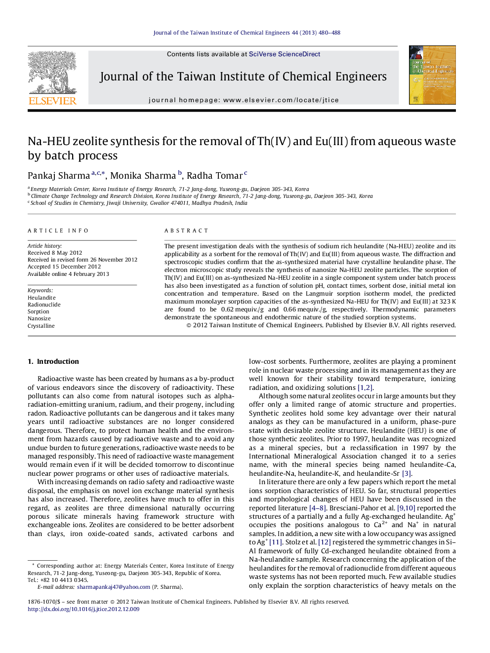 Na-HEU zeolite synthesis for the removal of Th(IV) and Eu(III) from aqueous waste by batch process