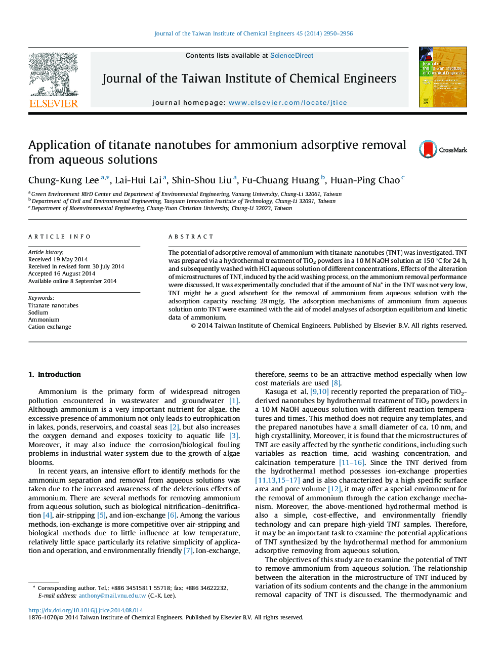 Application of titanate nanotubes for ammonium adsorptive removal from aqueous solutions