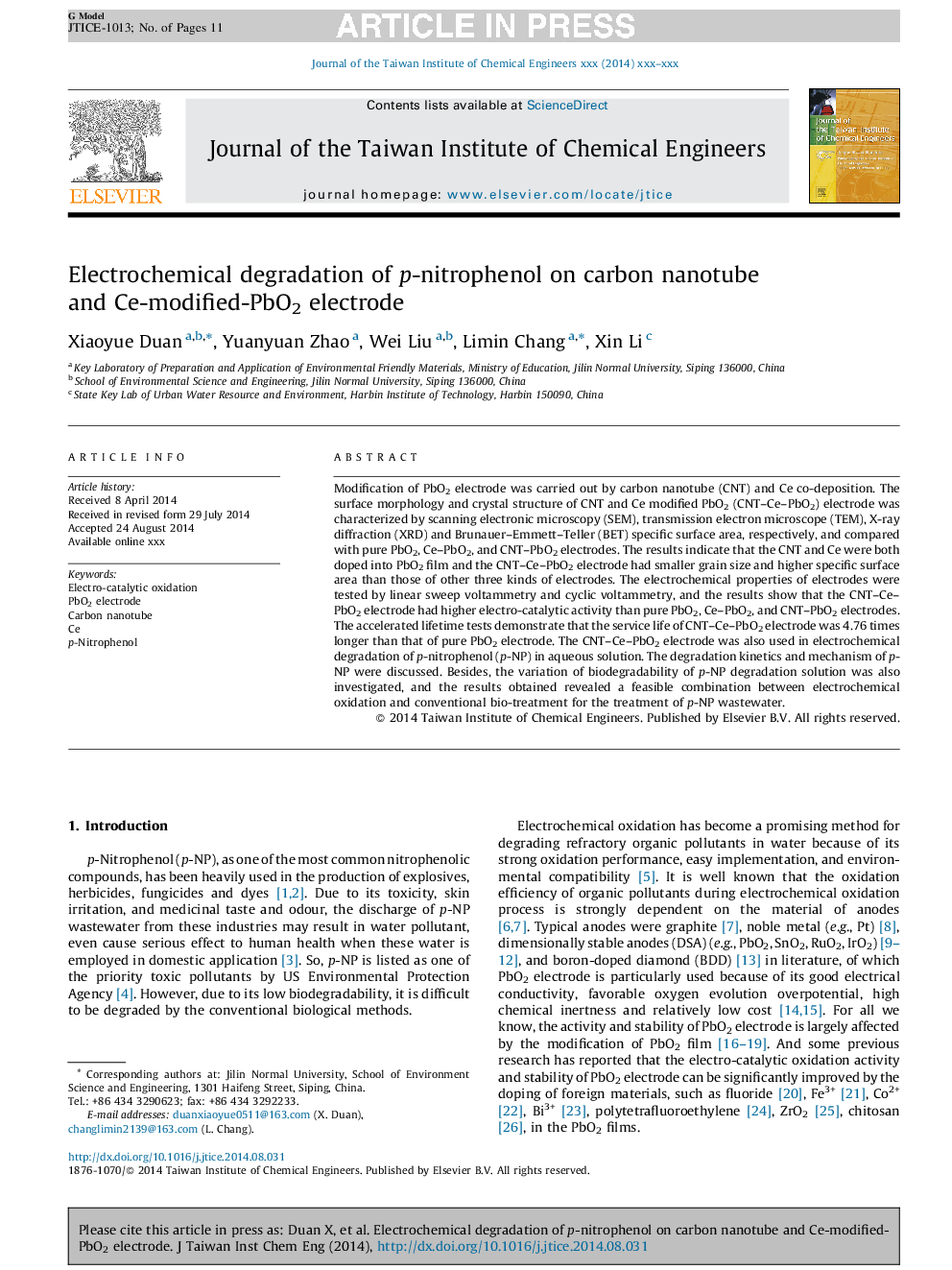 Electrochemical degradation of p-nitrophenol on carbon nanotube and Ce-modified-PbO2 electrode