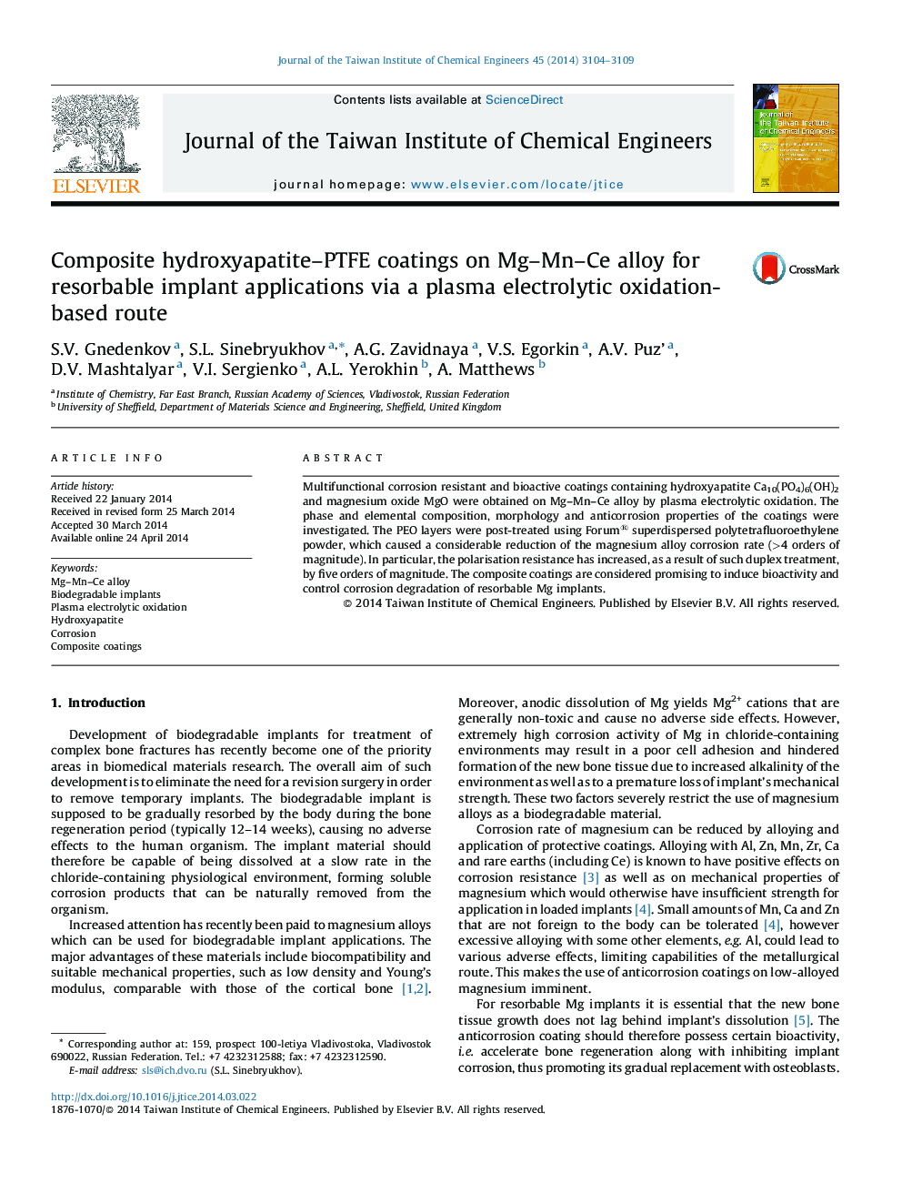 Composite hydroxyapatite–PTFE coatings on Mg–Mn–Ce alloy for resorbable implant applications via a plasma electrolytic oxidation-based route