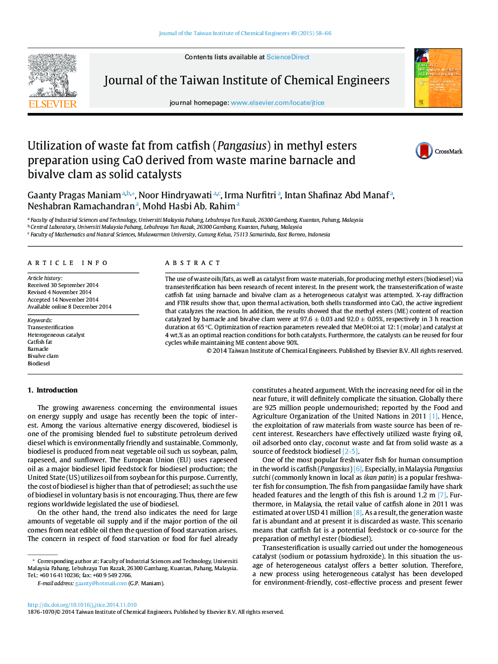 Utilization of waste fat from catfish (Pangasius) in methyl esters preparation using CaO derived from waste marine barnacle and bivalve clam as solid catalysts