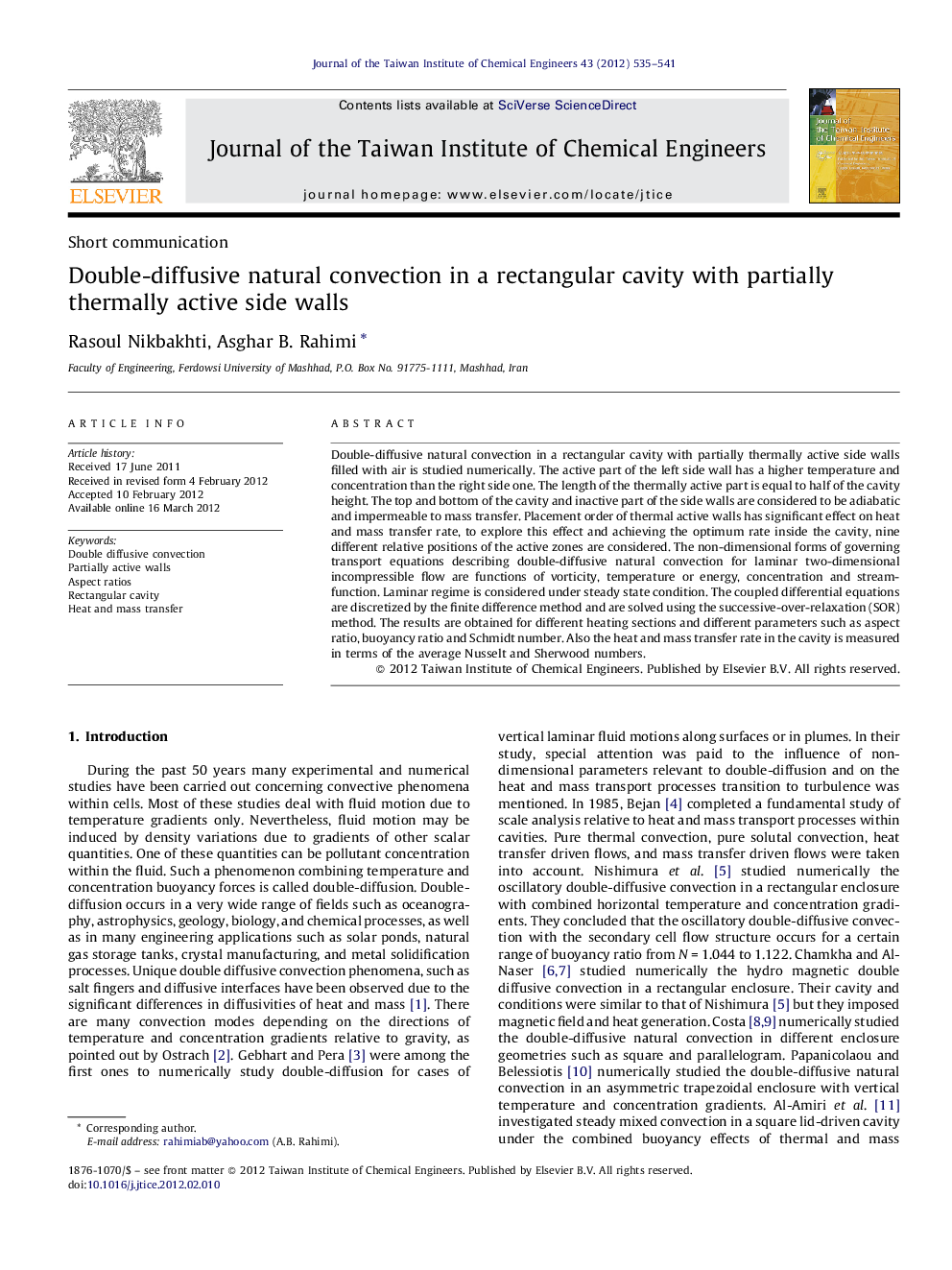 عکس صفحه اول مقاله: Double-diffusive natural convection in a rectangular cavity with partially thermally active side walls Double-diffusive natural convection in a rectangular cavity with partially thermally active side walls