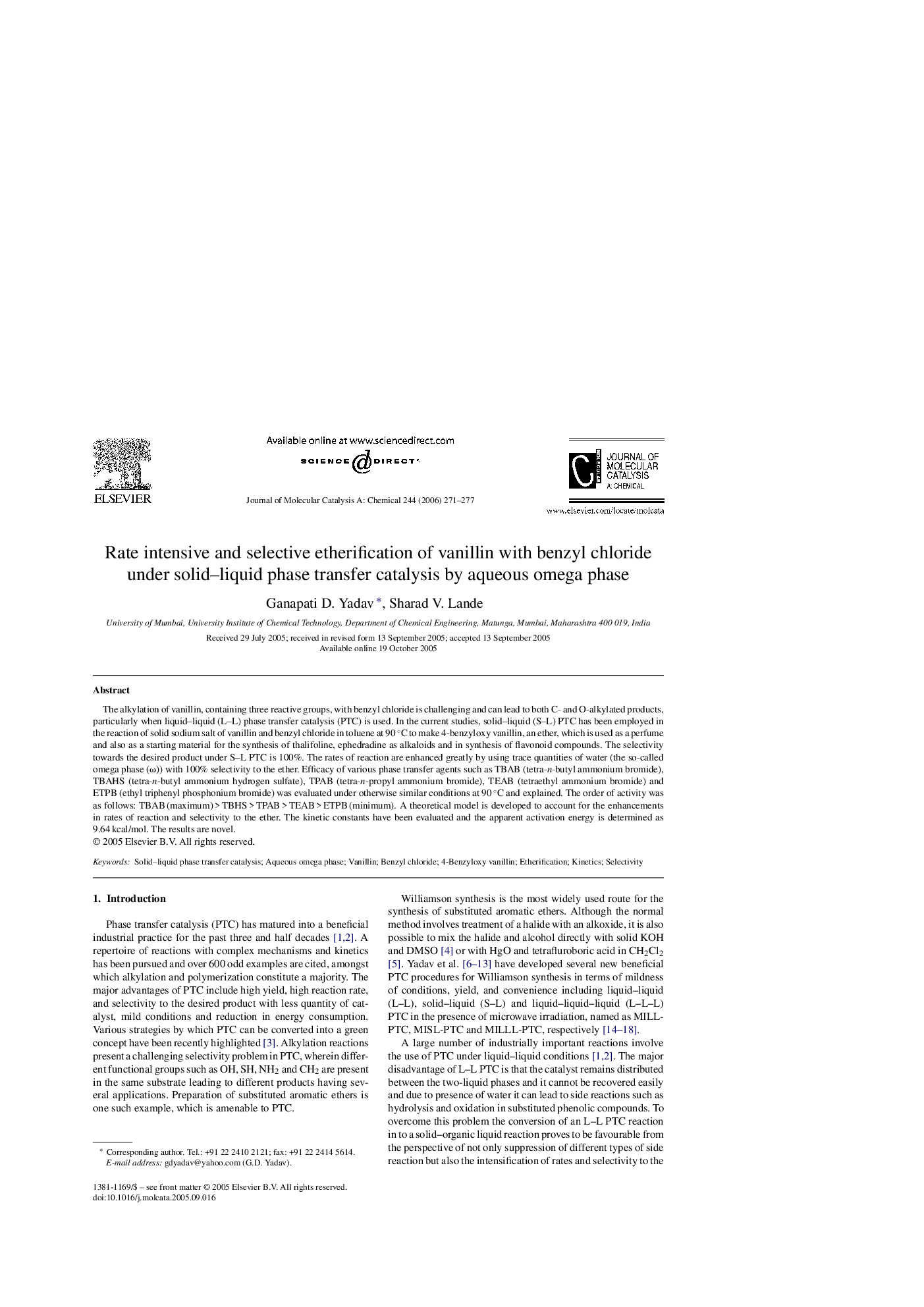 Rate intensive and selective etherification of vanillin with benzyl chloride under solid–liquid phase transfer catalysis by aqueous omega phase