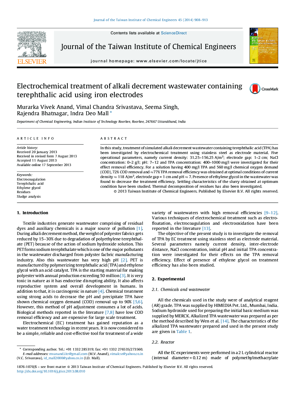 Electrochemical treatment of alkali decrement wastewater containing terephthalic acid using iron electrodes