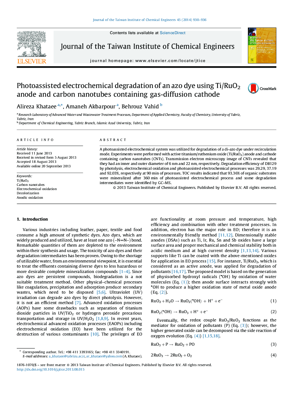 Photoassisted electrochemical degradation of an azo dye using Ti/RuO2 anode and carbon nanotubes containing gas-diffusion cathode