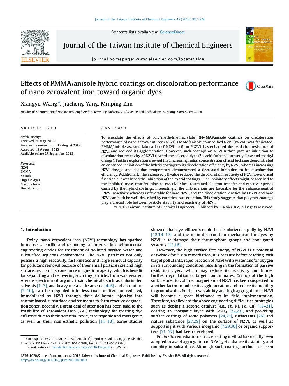 Effects of PMMA/anisole hybrid coatings on discoloration performance of nano zerovalent iron toward organic dyes