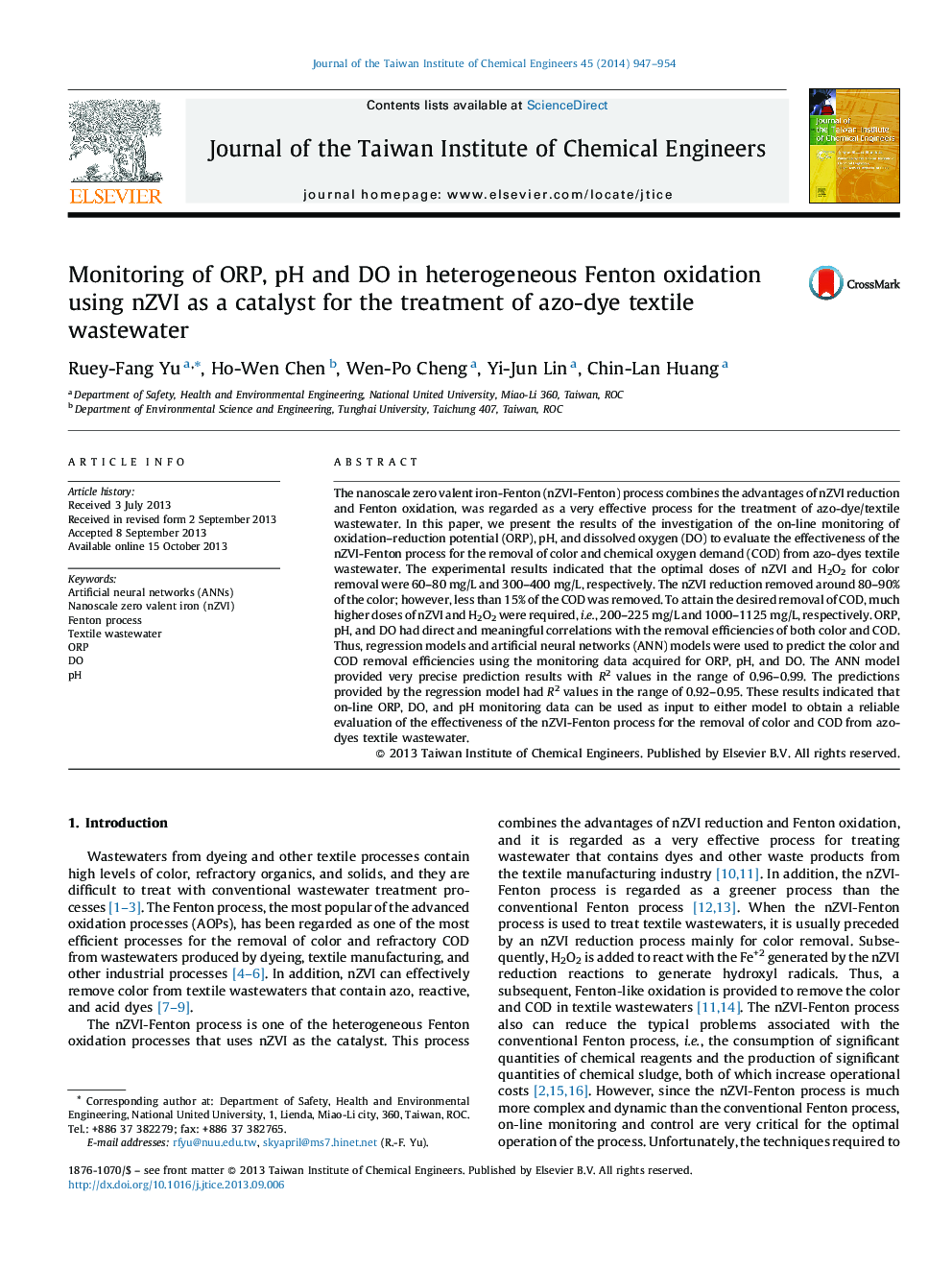 Monitoring of ORP, pH and DO in heterogeneous Fenton oxidation using nZVI as a catalyst for the treatment of azo-dye textile wastewater