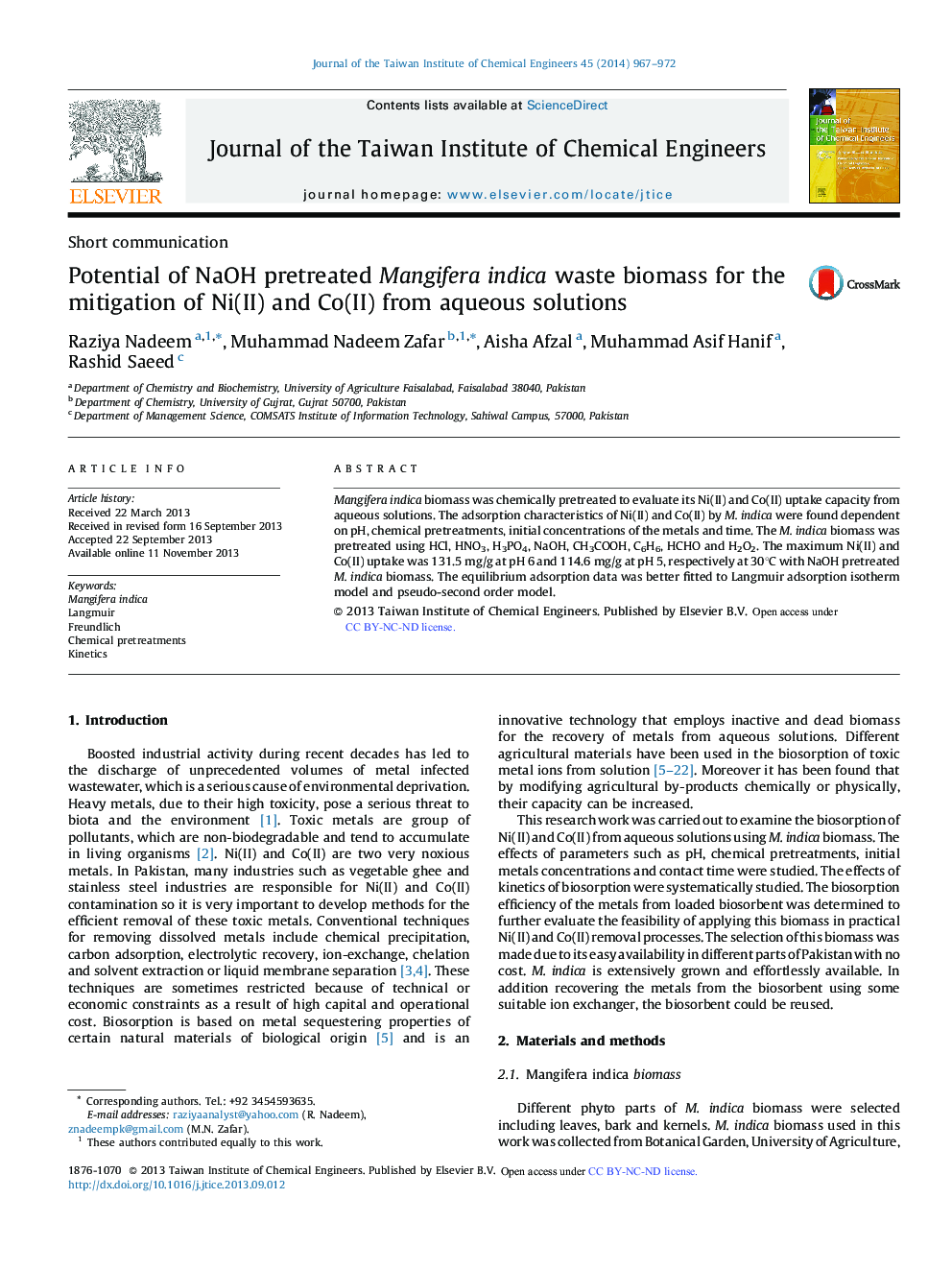 Potential of NaOH pretreated Mangifera indica waste biomass for the mitigation of Ni(II) and Co(II) from aqueous solutions