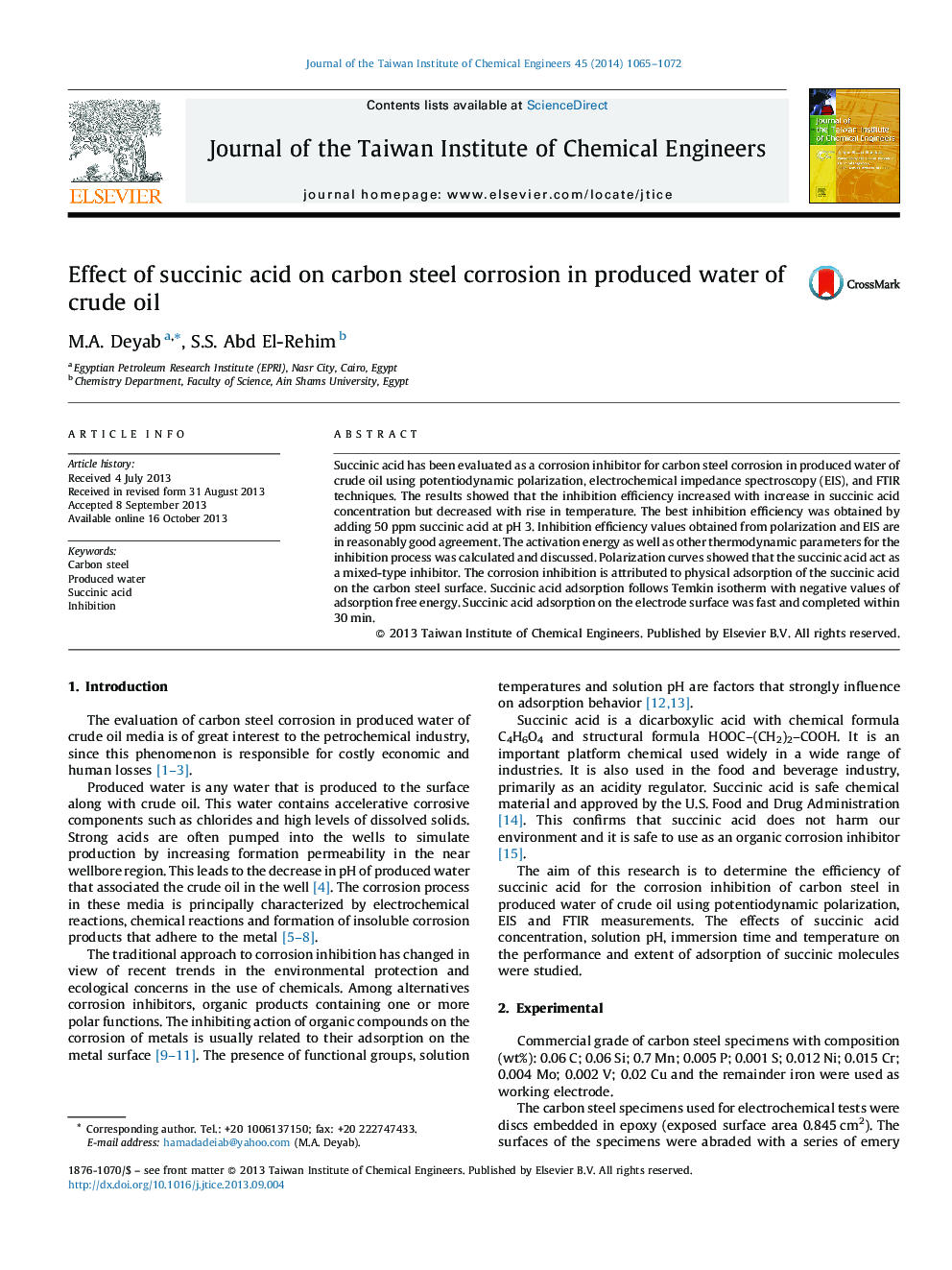 Effect of succinic acid on carbon steel corrosion in produced water of crude oil