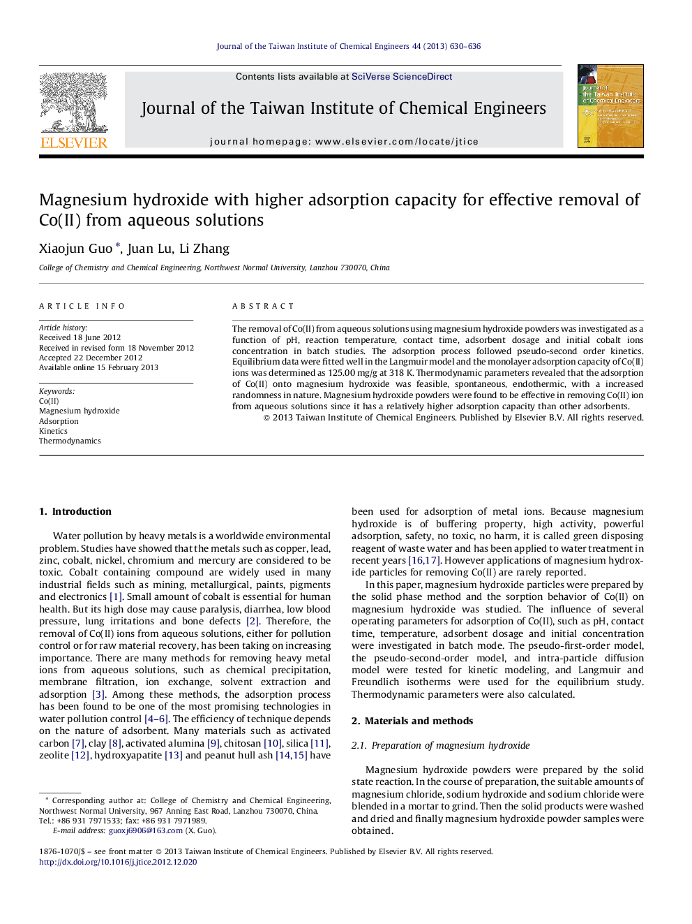 Magnesium hydroxide with higher adsorption capacity for effective removal of Co(II) from aqueous solutions