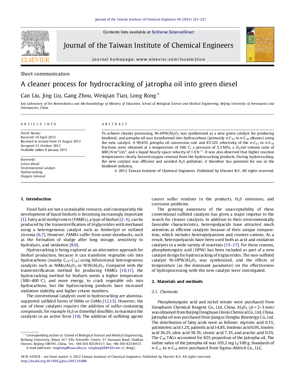 A cleaner process for hydrocracking of jatropha oil into green diesel