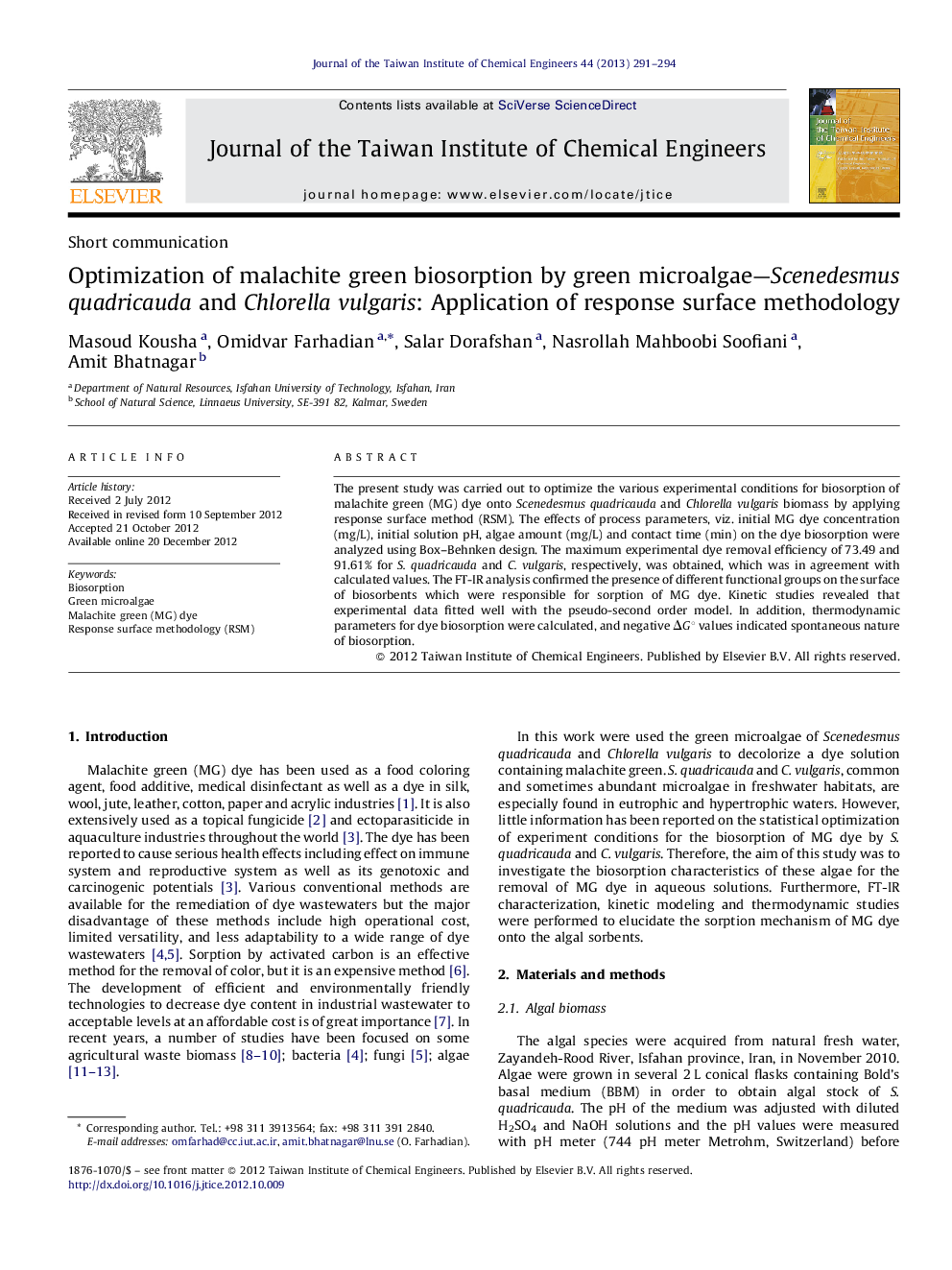 Optimization of malachite green biosorption by green microalgae—Scenedesmus quadricauda and Chlorella vulgaris: Application of response surface methodology