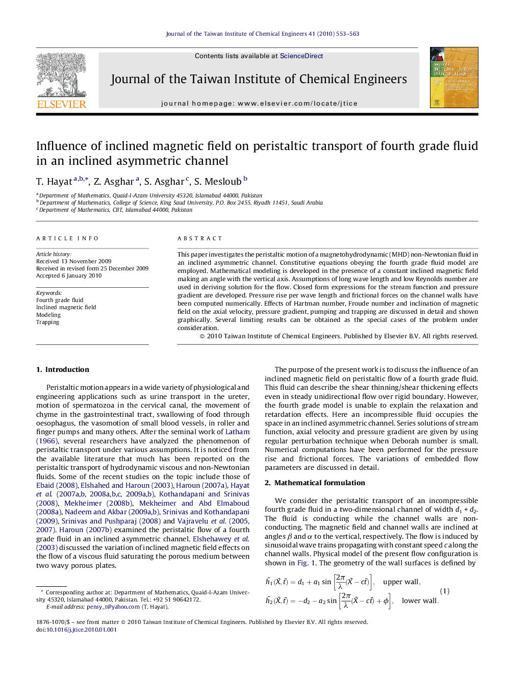 Influence of inclined magnetic field on peristaltic transport of fourth grade fluid in an inclined asymmetric channel