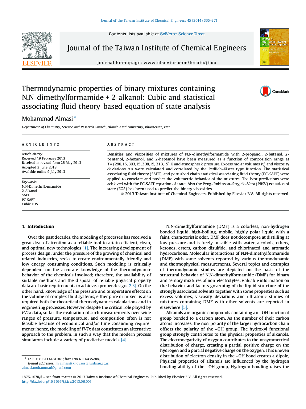 Thermodynamic properties of binary mixtures containing N,N-dimethylformamide + 2-alkanol: Cubic and statistical associating fluid theory-based equation of state analysis