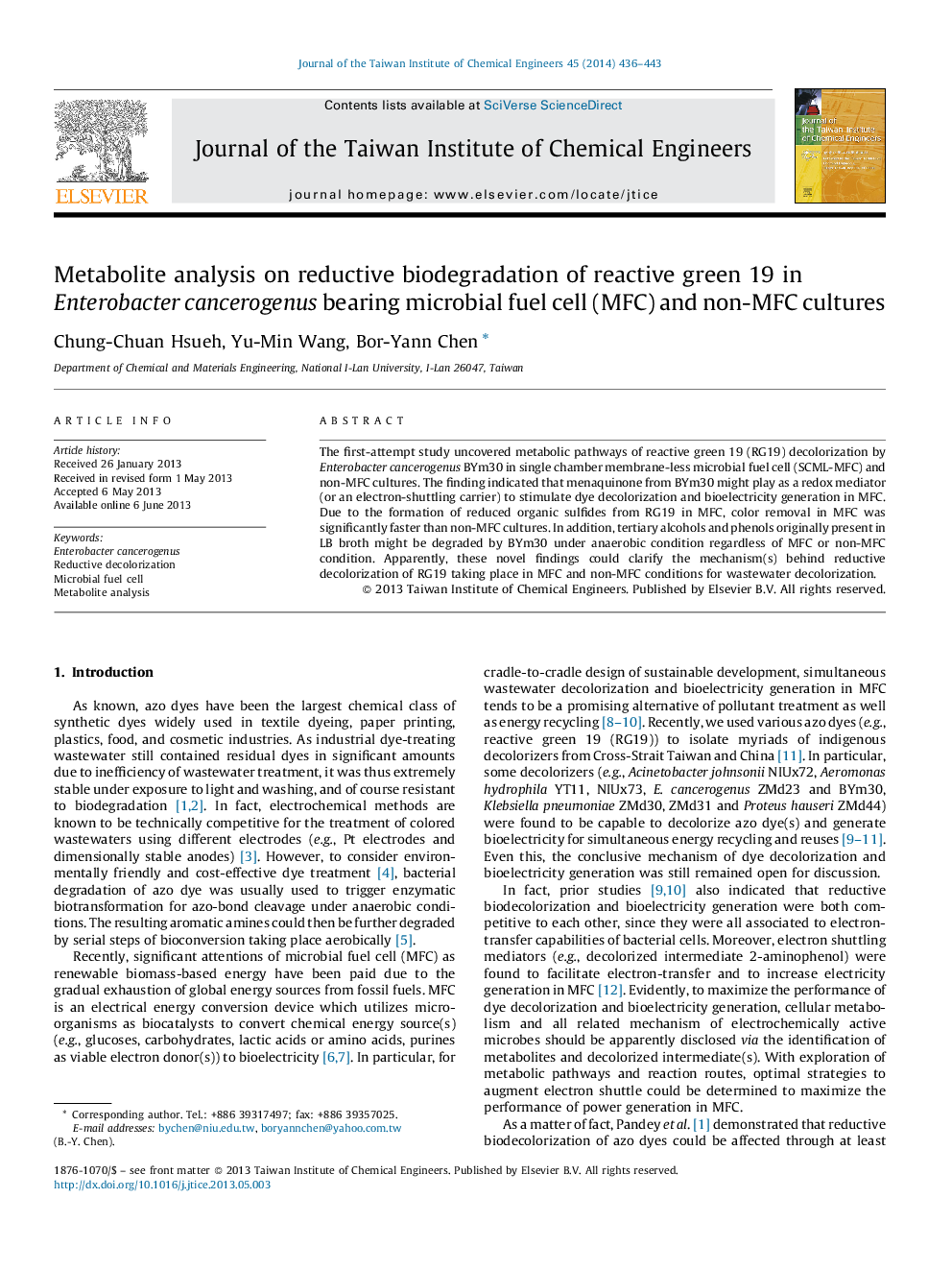 Metabolite analysis on reductive biodegradation of reactive green 19 in Enterobacter cancerogenus bearing microbial fuel cell (MFC) and non-MFC cultures