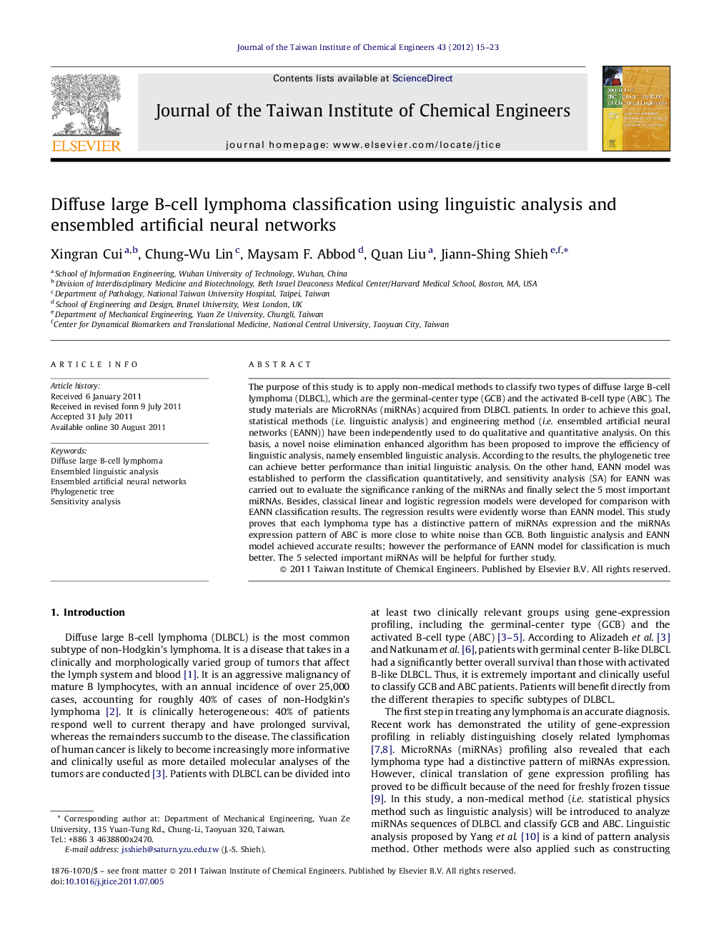 Diffuse large B-cell lymphoma classification using linguistic analysis and ensembled artificial neural networks