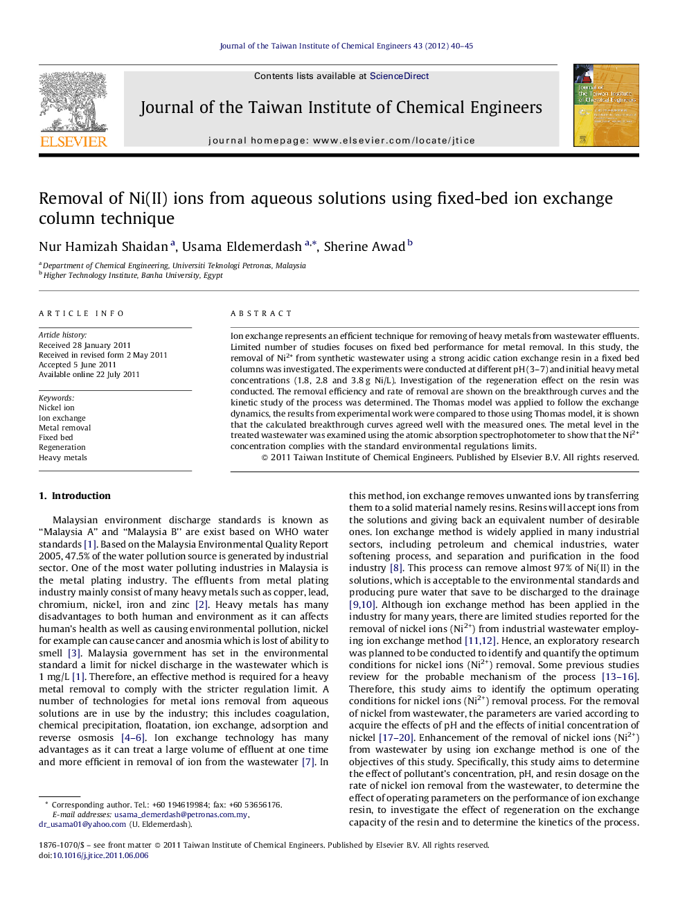 Removal of Ni(II) ions from aqueous solutions using fixed-bed ion exchange column technique