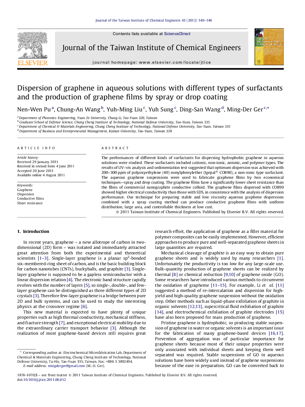 Dispersion of graphene in aqueous solutions with different types of surfactants and the production of graphene films by spray or drop coating