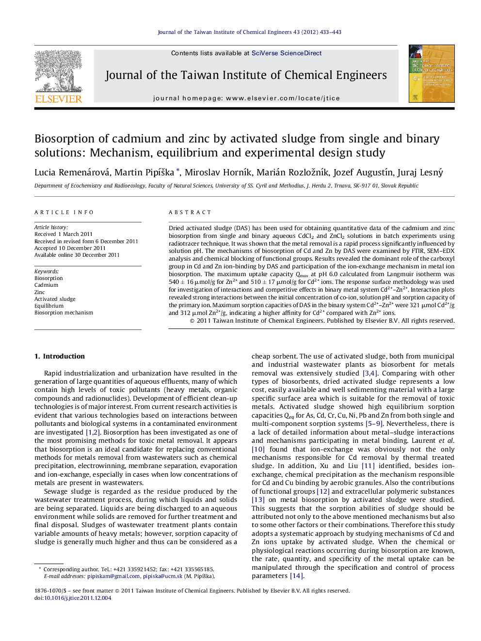 Biosorption of cadmium and zinc by activated sludge from single and binary solutions: Mechanism, equilibrium and experimental design study