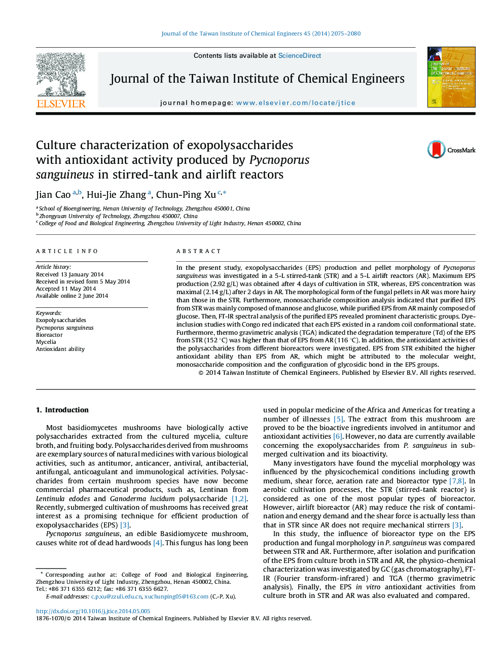 Culture characterization of exopolysaccharides with antioxidant activity produced by Pycnoporus sanguineus in stirred-tank and airlift reactors