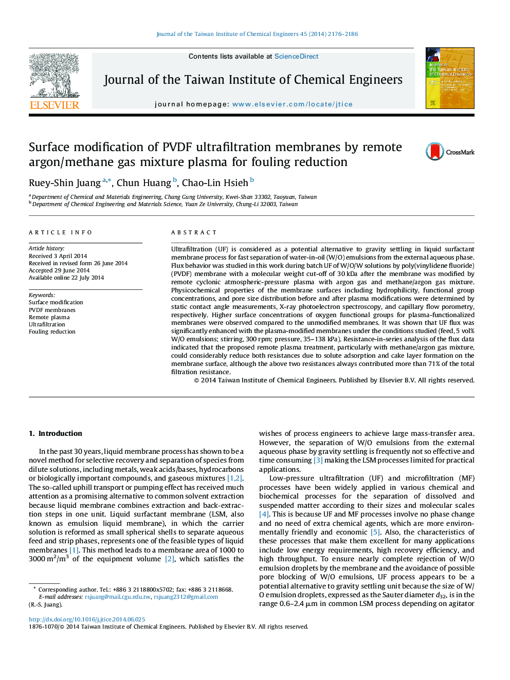 Surface modification of PVDF ultrafiltration membranes by remote argon/methane gas mixture plasma for fouling reduction