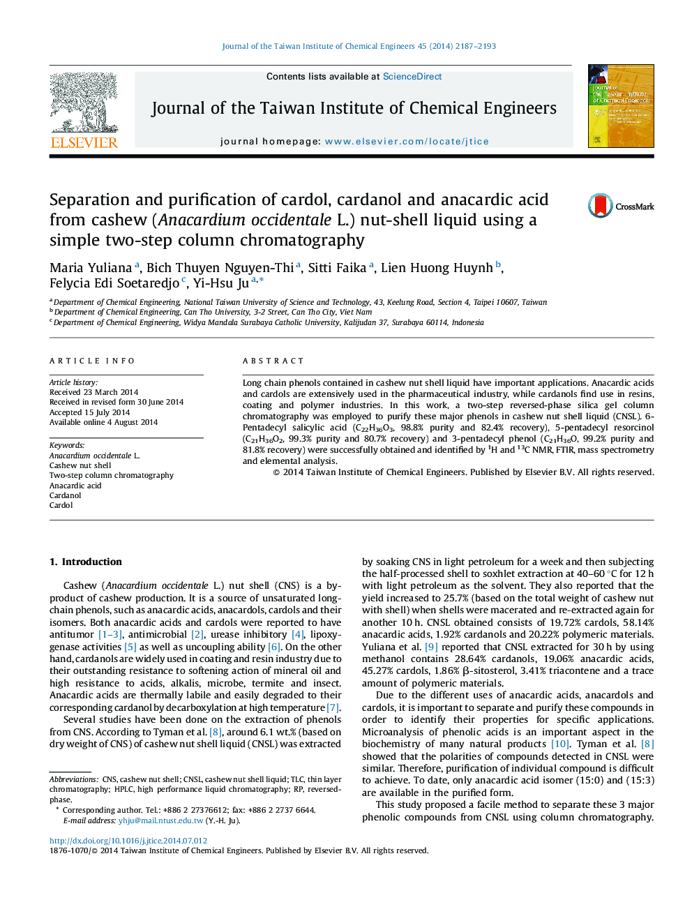 Separation and purification of cardol, cardanol and anacardic acid from cashew (Anacardium occidentale L.) nut-shell liquid using a simple two-step column chromatography