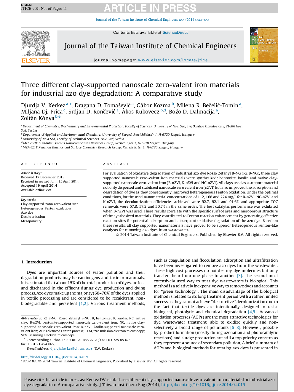 Three different clay-supported nanoscale zero-valent iron materials for industrial azo dye degradation: A comparative study