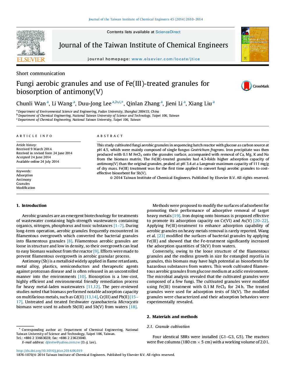 Fungi aerobic granules and use of Fe(III)-treated granules for biosorption of antimony(V)