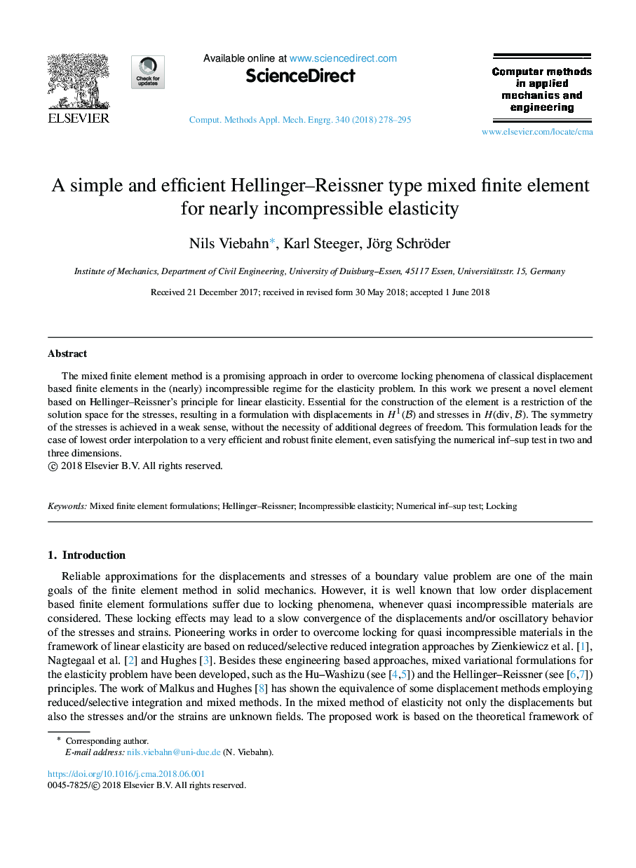 A simple and efficient Hellinger-Reissner type mixed finite element for nearly incompressible elasticity